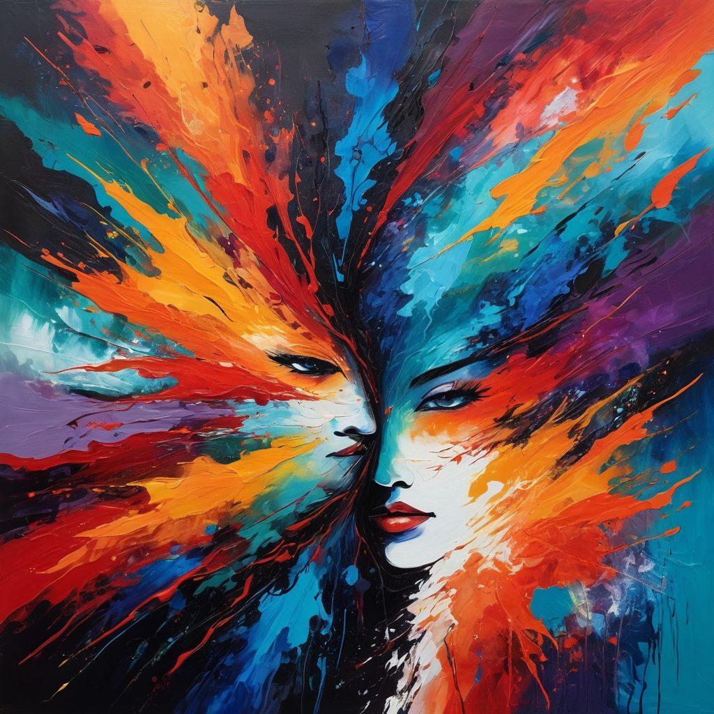A striking canvas showcasing an abstract representation of pain and healing, with jagged, dark brushstrokes juxtaposed against vibrant, soothing colors in swirling patterns. Include elements like fractured faces or raw, emotional expressions merging into a serene landscape, symbolizing the journey from turmoil to peace. The background should be a textured mix of chaotic and harmonious elements, creating a visual dialogue. painting. vibrant colors. textured background.