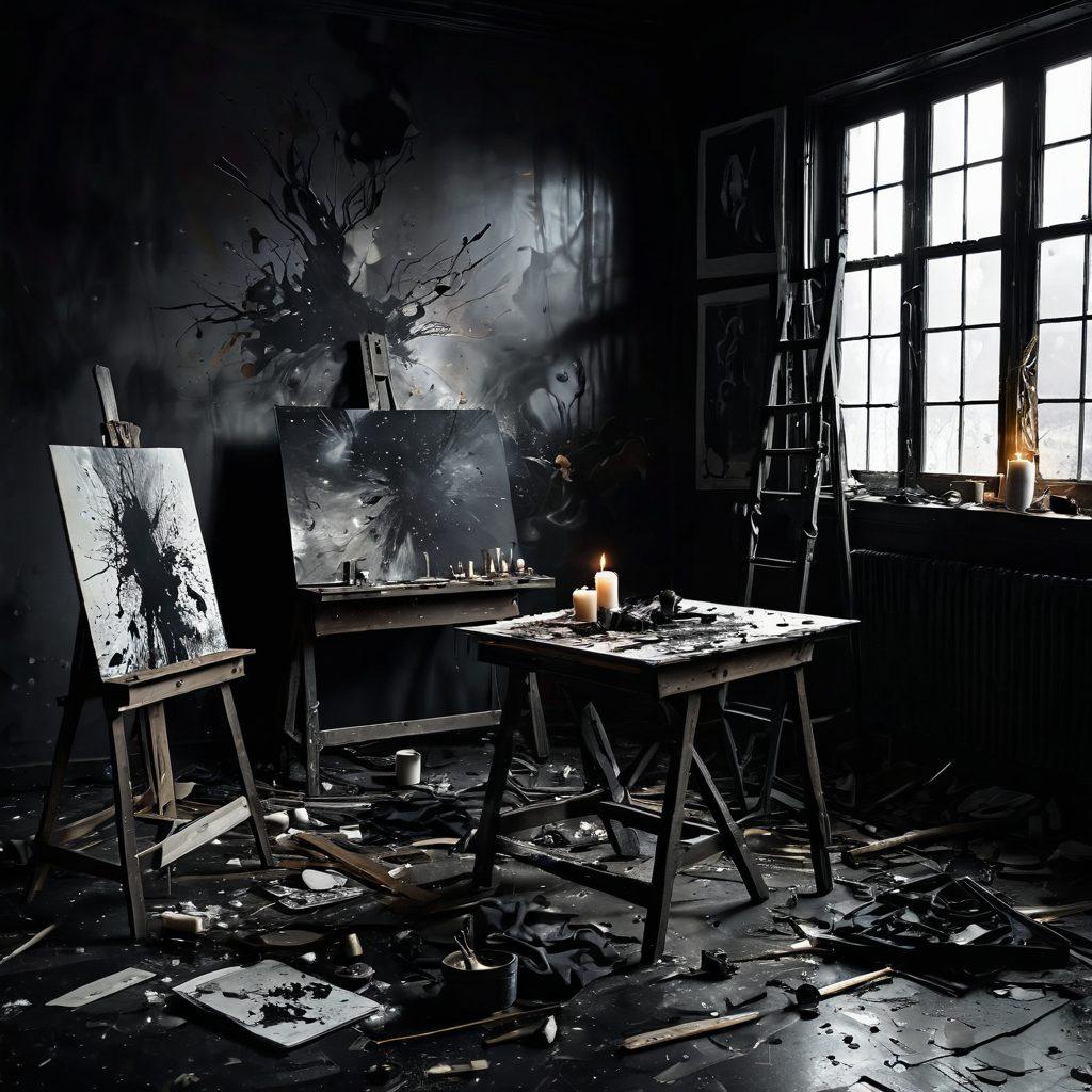A hauntingly beautiful artist's studio, filled with chaotic splatters of dark paint on the walls, a broken easel, and a canvas depicting an emotional storm raging within. Dim, flickering candlelight casts eerie shadows, while crumpled sketches lie scattered on the floor, reflecting inner turmoil. Add surreal elements like distorted figures emerging from the canvas, symbolizing the struggle between creativity and agony. dark and moody. surrealism. intricate details.