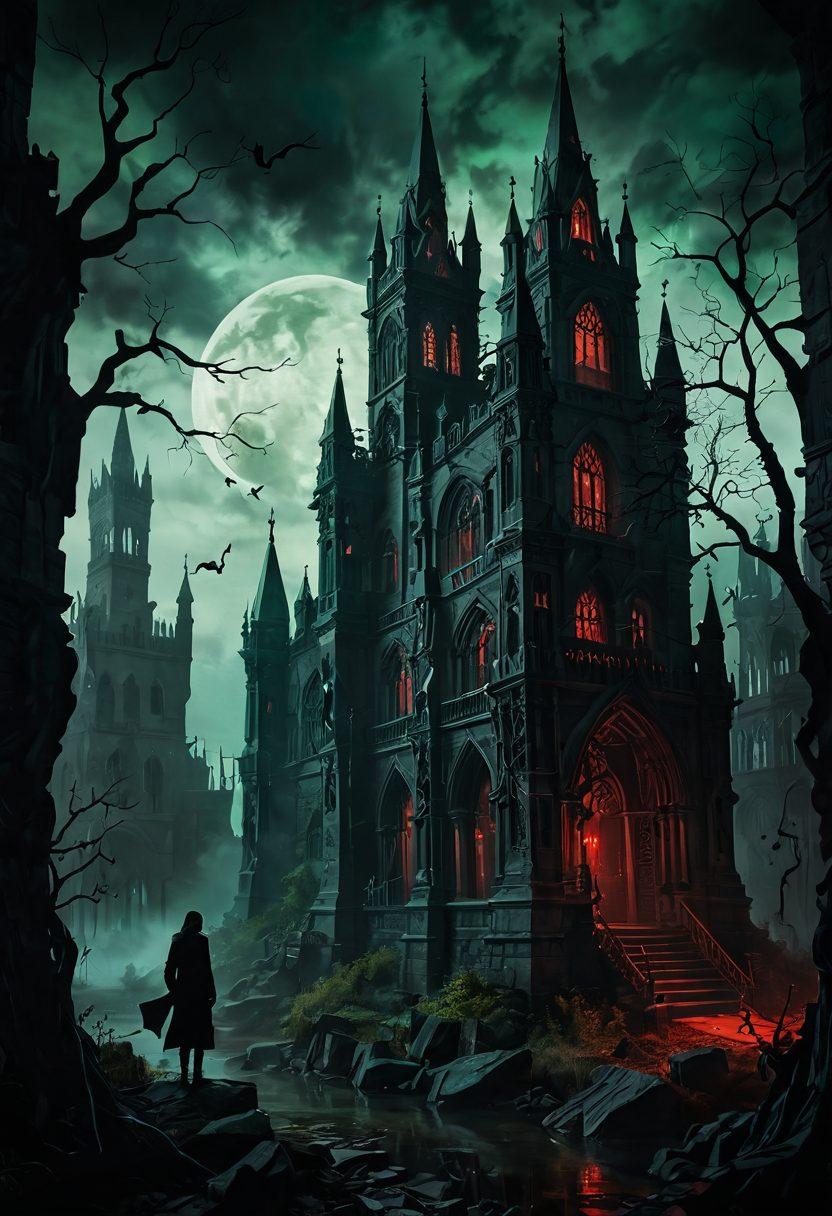 A dark, moody landscape showcasing elements of Gothic architecture intertwined with surreal horror-themed art. Shadows casting ominous figures, cryptic symbols, and eerie elements blending together, creating a sense of mystery and intrigue. A palette of deep reds, blacks, and eerie greens to enhance the dramatic atmosphere. The foreground features an artist at work, absorbed in their creative process. surrealism, vibrant colors, intricate detailing.
